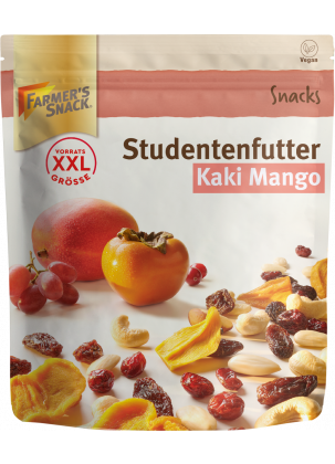 Opakowanie mieszanki szlaków Kaki Mango 300 g z logo Farmer's Snack, etykietą XXL i etykietą wegańską