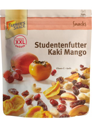 Freestanding packaging for trail mix Kaki Mango 300g with Farmer's Snack logo, XXL and vegan labelling