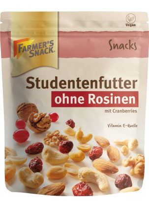 Opakowanie mieszanek studenckich bez rodzynek z logo Farmer's Snack i wegańskim oznakowaniem