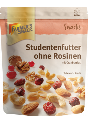 Freestanding packaging of trail mix without raisins with Farmer's Snack logo and vegan label