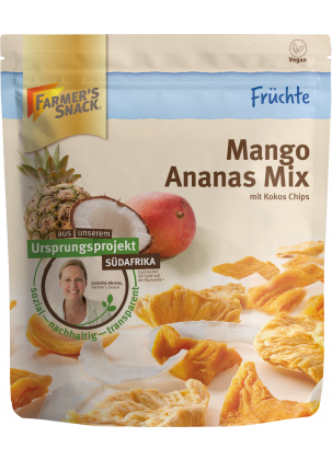 Opakowanie Mieszanka mango z ananasem 130 g z logo Farmer's Snack, zakłócające projekt pochodzenia z Afryki i wegańskie etykiety