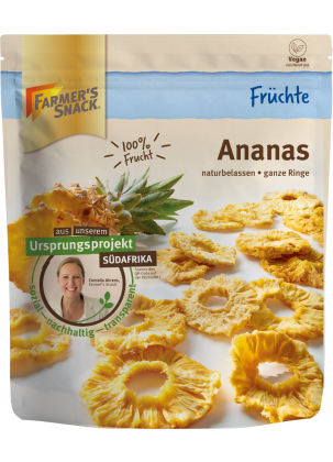 Opakowanie ananasa 120 g z logo Farmer's Snack, etykietą wegańską i informacją o pochodzeniu