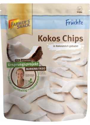 Opakowanie chipsów kokosowych 100 g z logo Farmer's Snack i etykietą wegańską