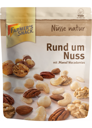 Wolnostojące opakowanie Farmer's Snack z wegańską etykietą z tytułem Wszystko o orzechach z makadamią hawajską