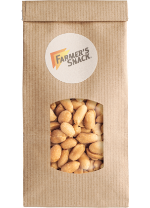 Wolnostojące opakowanie prażonych i solonych orzeszków ziemnych w brązowym opakowaniu z naklejką z logo Farmer's Snack