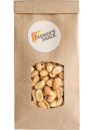 Wolnostojące opakowanie prażonych ziaren orzeszków ziemnych w brązowym opakowaniu z naklejką z logo Farmer's Snack