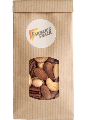 Wolnostojące opakowanie mieszanki orzechów Wielka wolność w brązowym opakowaniu z naklejką z logo Farmer's Snack