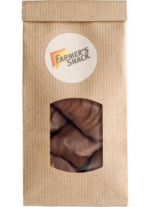 Wolnostojące opakowanie suszonego mango w mlecznej czekoladzie w brązowym opakowaniu z naklejką z logo Farmer's Snack