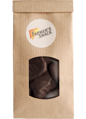 Wolnostojące opakowanie suszonego mango w ciemnej czekoladzie w brązowym opakowaniu z naklejką z logo Farmer's Snack