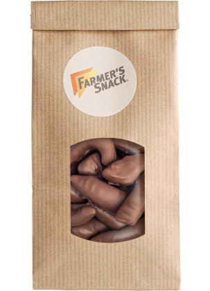 Wolnostojące opakowanie Orangettes w czekoladzie w brązowym opakowaniu z naklejką z logo Farmer's Snack