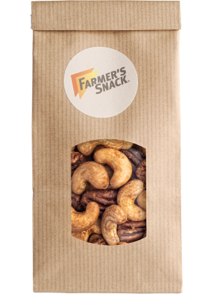 Wolnostojące opakowanie mieszanki orzechów Mocna bryza w brązowym opakowaniu z naklejką z logo Farmer's Snack