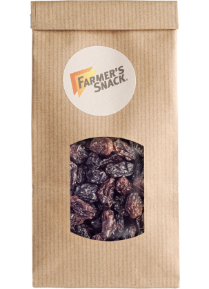 Wolnostojące opakowanie rodzynek w brązowym opakowaniu z naklejką z logo Farmer's Snack