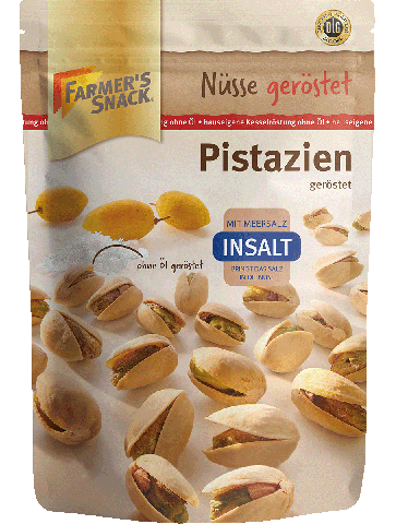 Freigestellte Verpackung von Pistazien InSalt mit Schale 150g mit Farmer's Snack Logo und DLG-Logo.
