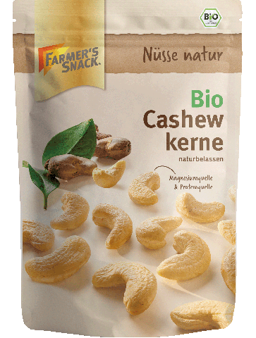 Freigestellte Verpackung von Bio Cashewkernen 150g mit Farmer's Snack Logo und Bio-Siegel