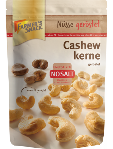 Freigestellte Verpackung von Cashewkernen NoSalt 150g mit Farmer's Snack Logo, Nosalt Logo und Vegan-Siegel
