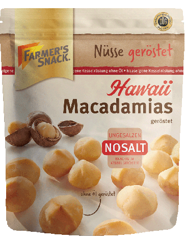 Freigestellte Verpackung von gerösteten Hawaii Macadamias NoSalt mit Farmer's Snack Logo, Vegan-Kennzeichnung