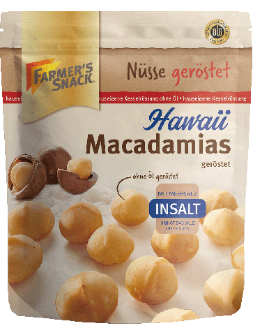 Freigestellte Verpackung von gerösteten Hawaii Macadamias InSalt mit Farmer's Snack Logo, Vegan-Kennzeichnung