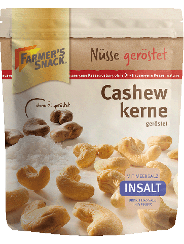Freigestellte Verpackung von Cashewkernen InSalt 125g mit Farmer's Snack Logo, Insalt- und DLG-Logo