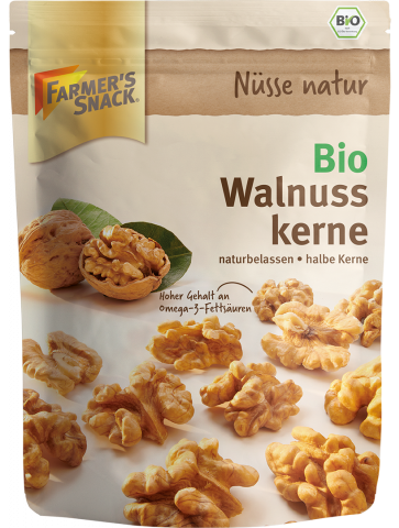 Freigestellte Verpackung von Bio Walnusskernen 110g mit Farmer's Snack Logo und Bio-Siegel