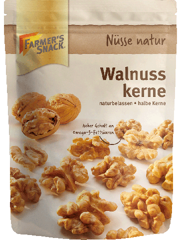 Freigestellte Verpackung von Walnusskernen 120g mit Farmer's Snack Logo und Vegan-Kennzeichnung.