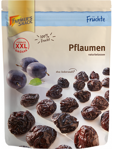Freigestellte Verpackung von getrockneten Pflaumen 500g mit Farmer's Snack Logo und XXL-Kennzeichnung