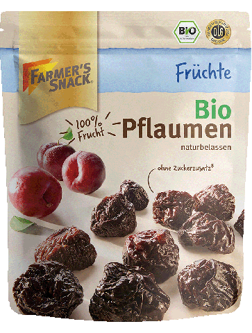 Freigestellte Verpackung von getrockneten Bio Pflaumen 150g mit Farmer's Snack Logound Bio-Kennzeichnung