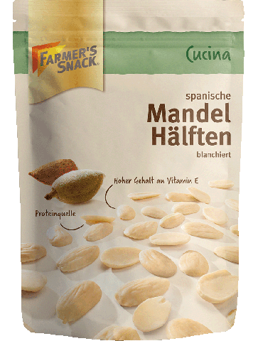 Freigestellte Verpackung von Cucina spanische Mandel Hälften blanchiert mit Vegan-Kennzeichnung