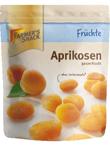 Freigestellte Verpackung von getrockneten Aprikosen 150g mit Farmer's Snack Logo, Ohne-Zuckerzusatz-Kennzeichnung