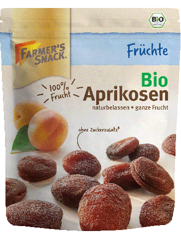 Freigestellte Verpackung von getrockneten Bio Aprikosen 150g mit Farmer's Snack Logo und Bio-Siegel