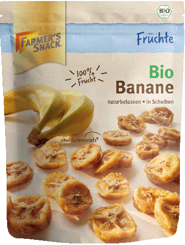 Freigestellte Verpackung von getrockneten Bio Bananen 150g mit Farmer's Snack Logo und Bio-Siegel