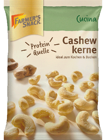 Freigestellte Verpackung von Cucina Cashewkernen 100g mit Farmer's Snack Logo