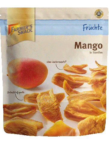 Freigestellte Verpackung von Mango 100g mit Farmer's Snack Logo und DLG-Logo
