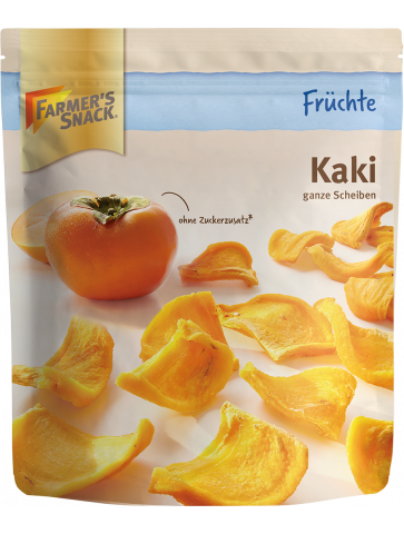 Freigestellte Verpackung von getrockneter Kaki 125g mit Farmer's Snack Logo