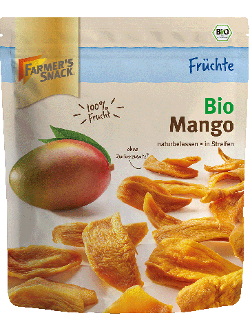 Freigestellte Verpackung von Bio Mango 100g mit Farmer's Snack Logo, vegan und Bio-zertifiziert