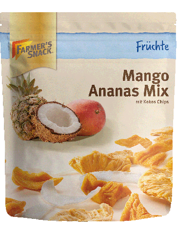 Freigestellte Verpackung von Mango Ananas Mix 130g mit Farmer's Snack Logo