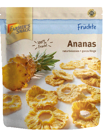 Freigestellte Verpackung von Ananas 120g mit Farmer's Snack Logo