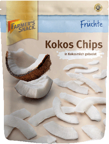 Freigestellte Verpackung von Kokos Chips 100g mit Farmer's Snack Logo