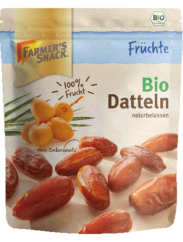 Freigestellte Verpackung von getrockneten Bio Datteln 130g mit Farmer's Snack Logo und Bio-Siegel