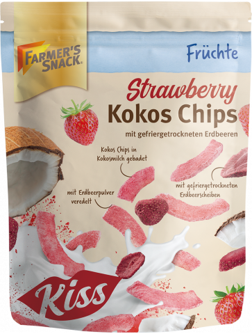 Freigestellte Verpackung von Strawberry Kokos Chips mit gefriergetrockneten Erdbeeren mit Farmer's Snack Logo