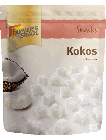 Freigestellte Verpackung von Kokos in Würfeln 100g mit Farmer's Snack Logo und Vegan-Kennzeichnung