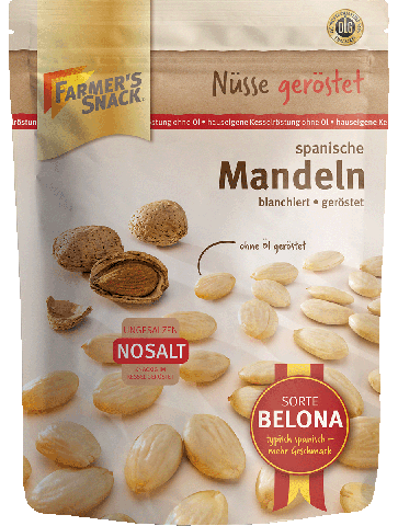 Freigestellte Verpackung von Spanischen Mandeln NoSalt blanchiert 200g mit Farmer's Snack Logo, DLG Logo, NoSalt Logo und Sorte Belona Störer