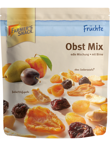 Freigestellte Verpackung von Obst Mix 200g mit Farmer's Snack Logo, ohne Zuckerzusatz-Kennzeichnung