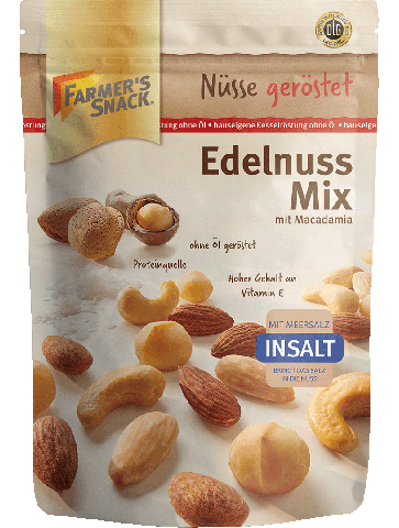 Freigestellte Verpackung von Edelnuss Mix InSalt mit Macadamia 150g mit Farmer's Snack Logo, Vegan-Kennzeichnung, Insalt- und DLG-Logo
