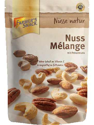 Freigestellte Verpackung von Nuss Mélange mit Pekannuss 150g mit Farmer's Snack Logo