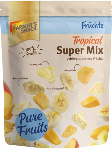 Gefriergetrocknete Mango, Ananas, Banane im Super Mix in freigestellter Verpackung mit 100% Frucht-Kennzeichnung und Farmer's Snack Logo.