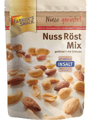 Freigestellte Verpackung von Nuss Röst Mix InSalt mit Erdnuss 150g mit Farmer's Snack Logo und Insalt-Logo