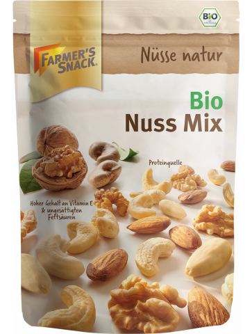 Freigestellte Verpackung von Bio Nuss Mix 150g mit Farmer's Snack Logo und Bio-Siegel