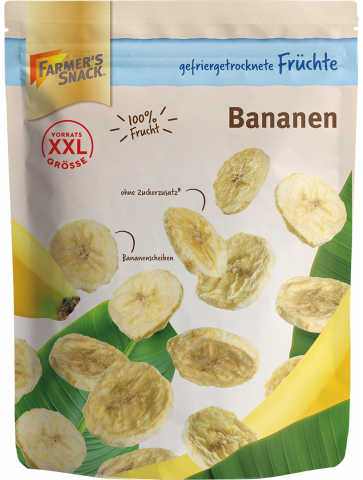 Gefriergetrocknete Bananenscheiben in freigestellter Verpackung mit XXL- und 100% Frucht-Kennzeichnung.