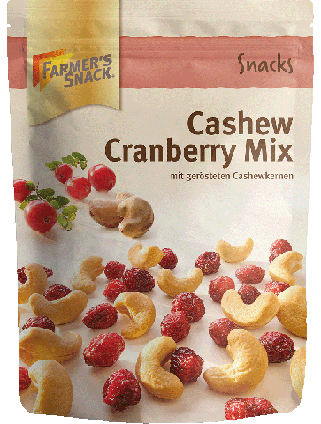 Freigestellte Verpackung von Cashew Cranberry Mix 175g mit Farmer's Snack Logo und Vegan-Kennzeichnung