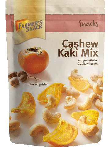 Freigestellte Verpackung von Cashew Kaki Mix 150g mit Farmer's Snack Logo, und Vegan-Kennzeichnung